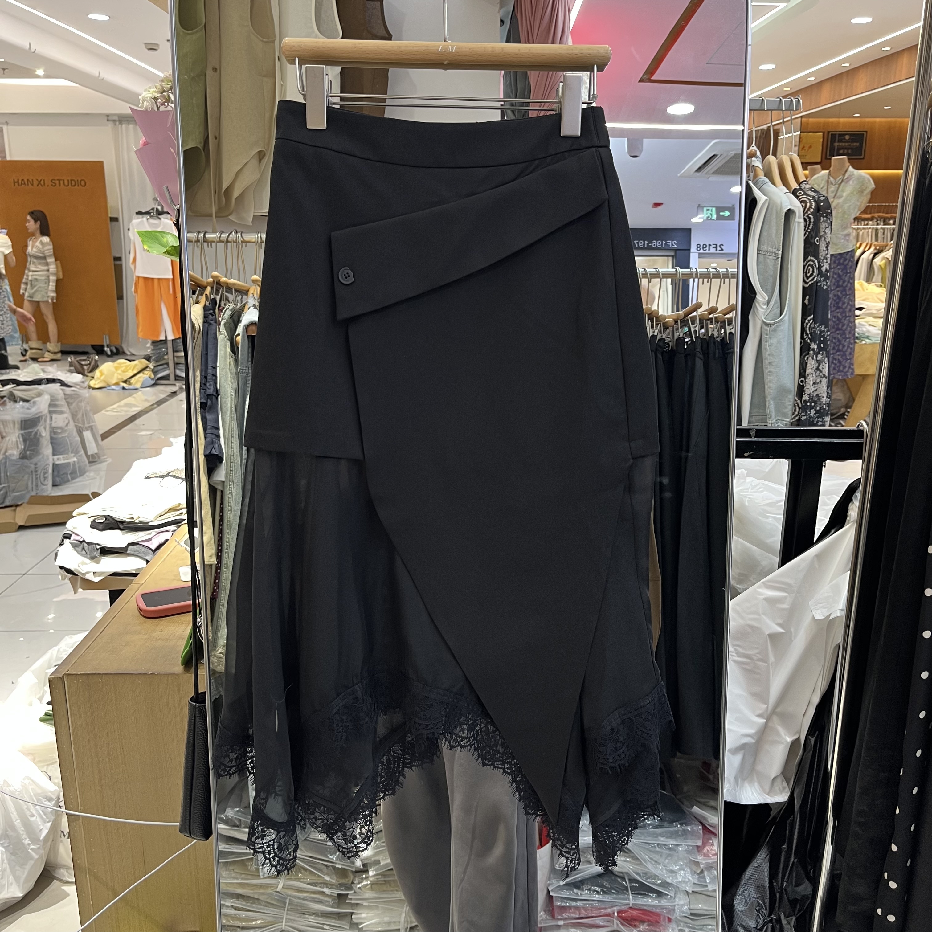 欧洲站2026夏季新款女士高腰蕾丝拼接不规则假两件半身裙欧货黑裙