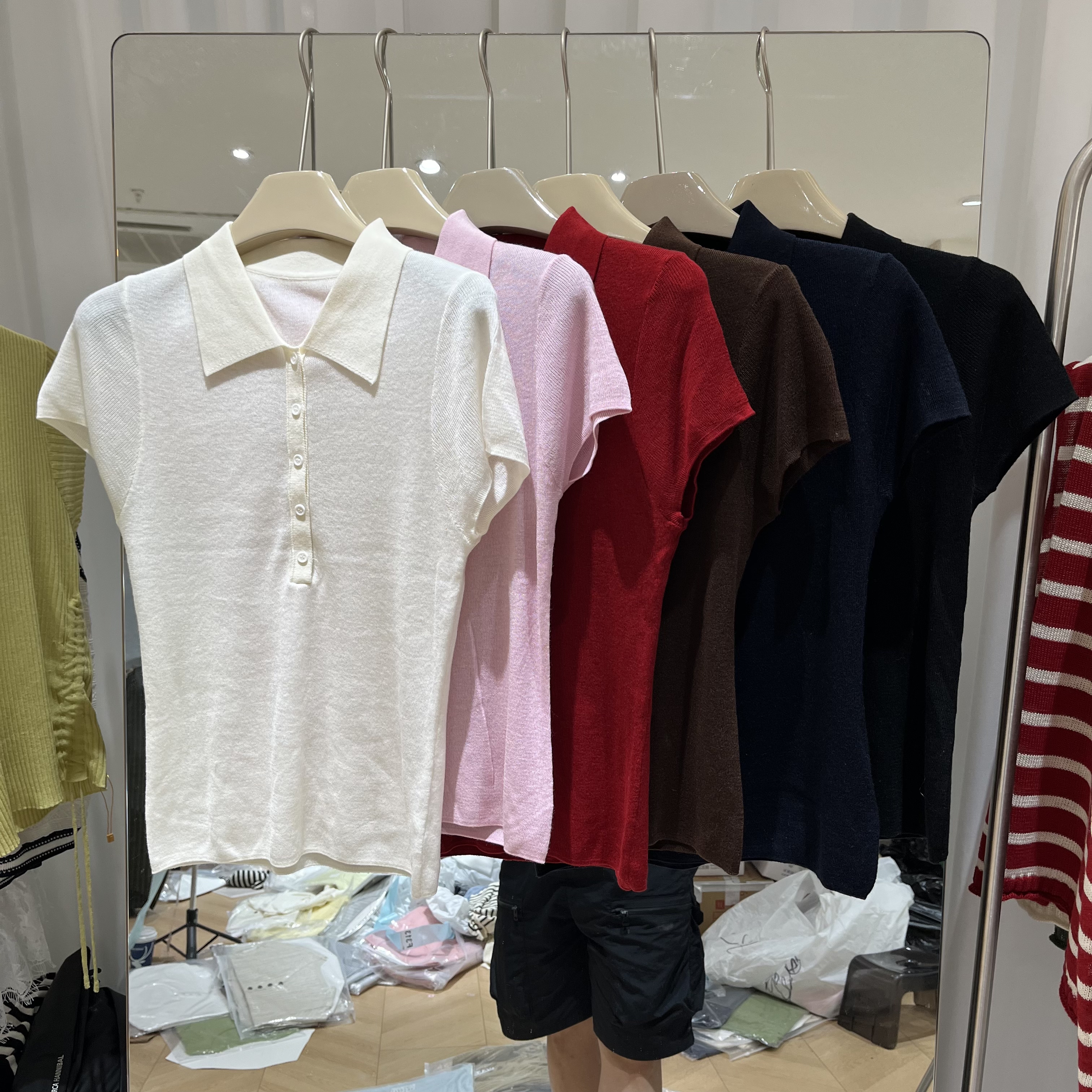 欧洲站2026夏季新款女士Polo领韩版半扣细羊毛短袖欧货时尚针织衫