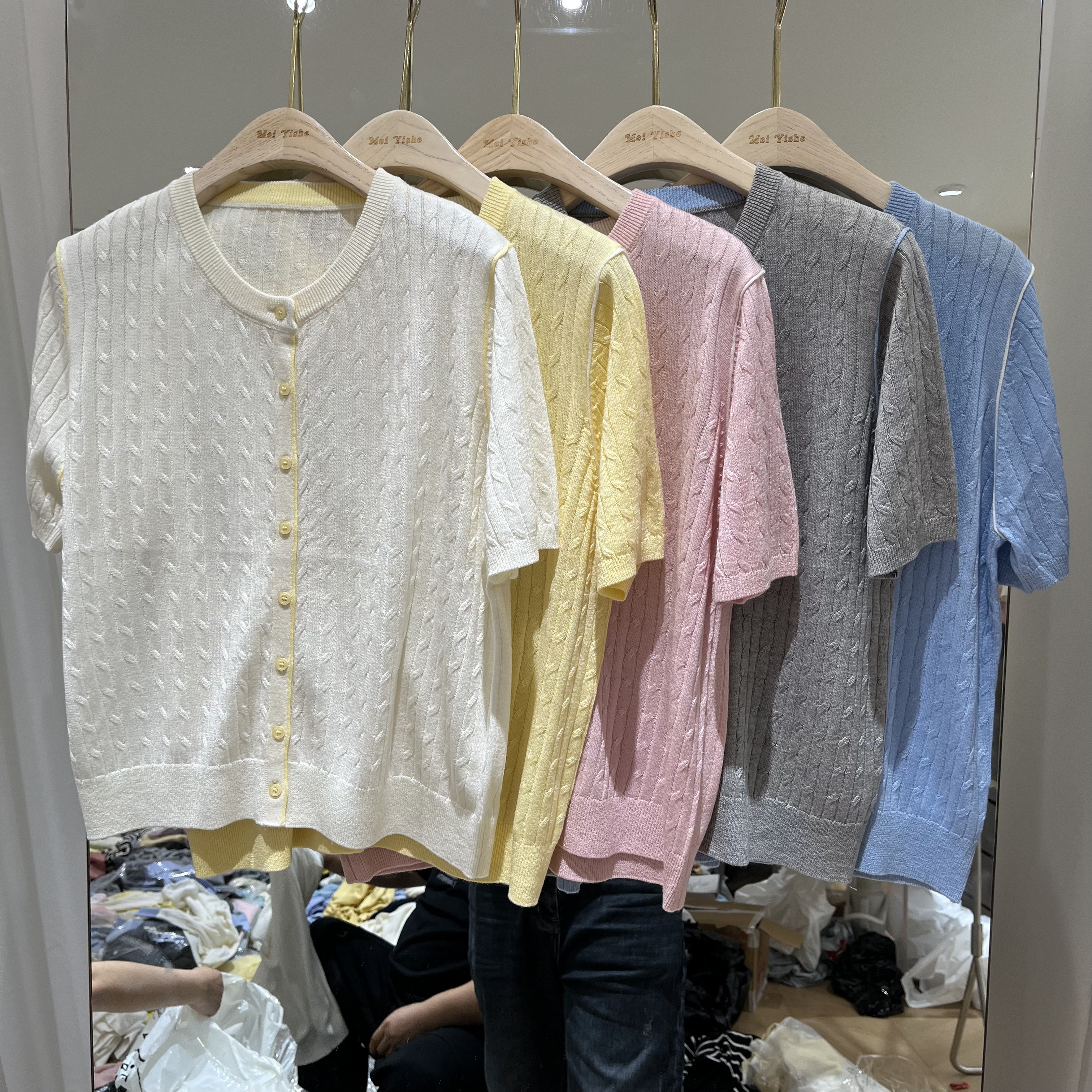 欧洲站2026春季新款女士圆领麻花纹拼色边天丝亚麻短袖欧货针织衫