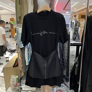 欧洲站2026夏季新款女士圆领垫肩印花假两件短袖连衣裙欧货短裙潮