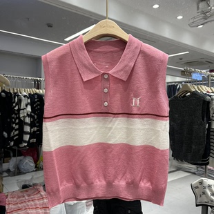 欧洲站2025夏季 新款 女士Polo领胸口刺绣拼色竹节麻无袖 欧货针织衫