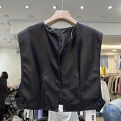 韩版 女士圆领侧边扣叠穿PU皮马甲欧货时尚 上衣 新款 欧洲站2026春季