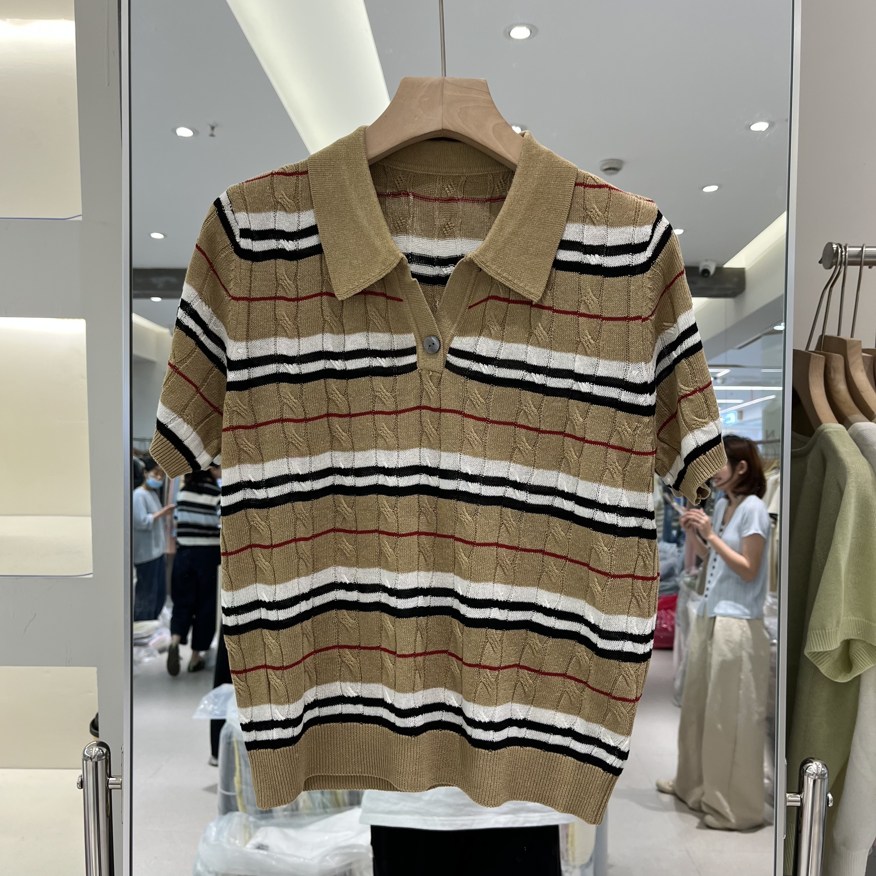 欧洲站2026春夏新款女士翻领拼色麻花纹天丝亚麻短袖欧货时尚针织