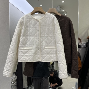 实体店同款2026秋冬新款女士圆领夹棉菱形格羊毛呢短外套韩版棉服