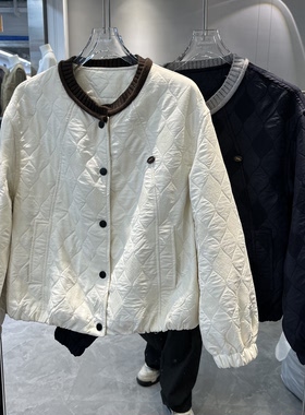 实体店同款2026秋冬新款女士圆领拼色夹棉韩版短外套欧货时尚棉衣