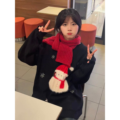 秋冬新款针织衫上衣学生毛茸茸宽松甜美日系复古圣诞雪人提花毛衣