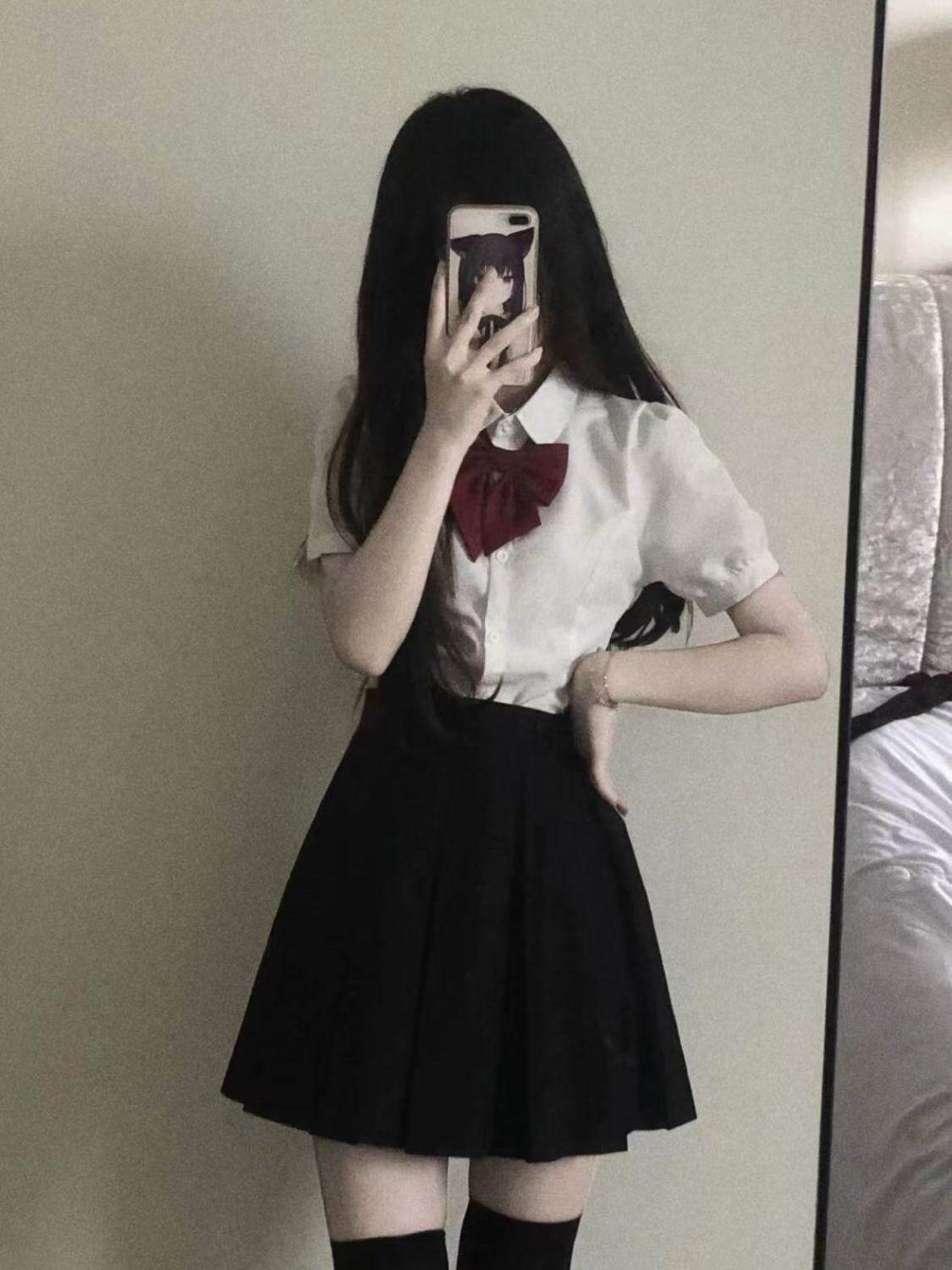 校供感学院风纯欲夏季款JK制服套装绑带短袖白色衬衣穿搭黑色JK裙