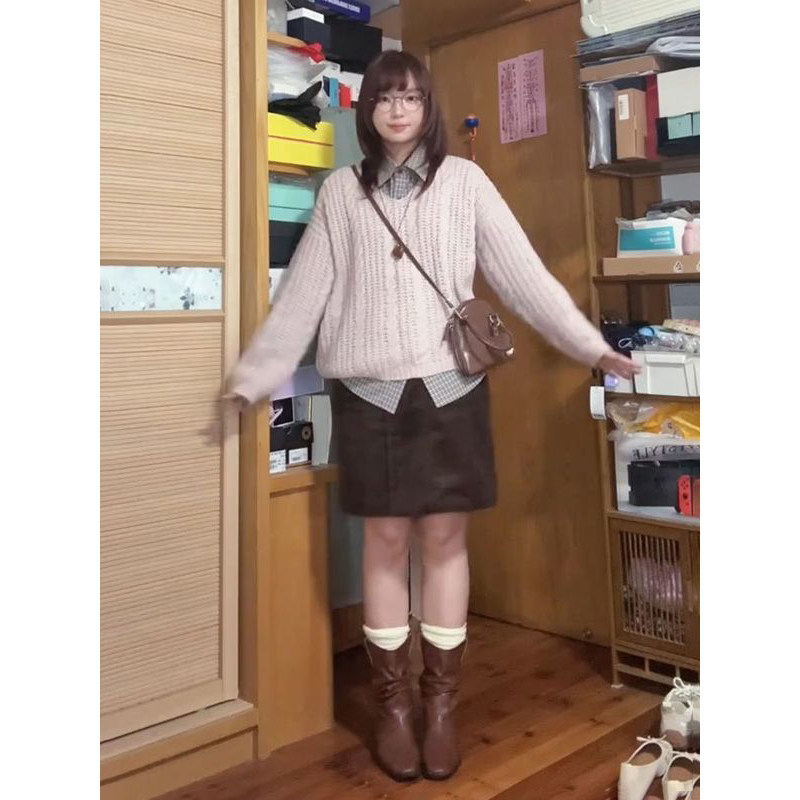 秋日气质毛衣穿搭v领藕粉色V领长袖针织衫叠穿格纹衬衫上衣一套装
