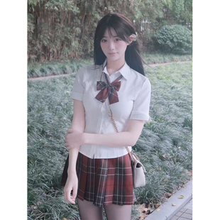 款 学院风套装 收腰百搭海棠红短裙原创JK制服夏季 白色衬衫 整套 短袖