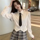 衬衣加领带韩版 白色衬衫 短款 修身 不规则下摆显瘦百搭衬衣潮 女长袖