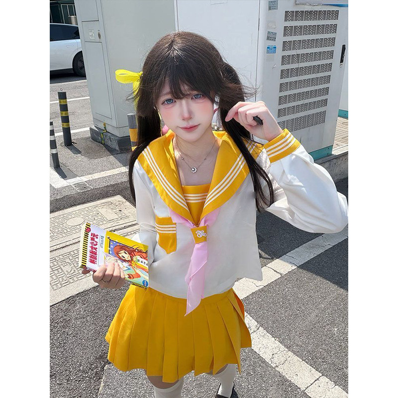 日系基础黄色三本JK制服正统原创jk水手服学院可爱软妹长袖套装