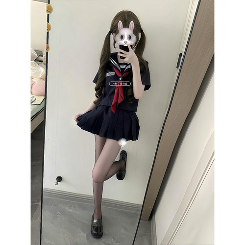 绀三本jk日系制服夏季基础短袖三本水手服校供绀色百褶裙软妹套装