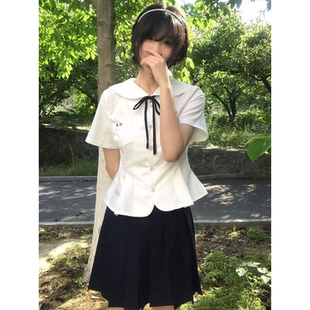 显瘦套装 原创娃娃领收腰短袖 新款 衬衫 百搭黑色JK裙 JK制服2025夏季