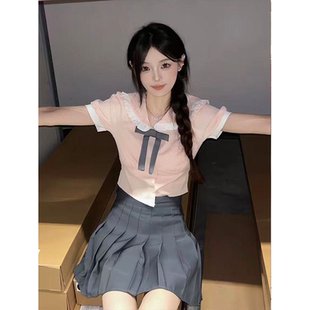 JK制服甜美套装 学院风韩系百搭短裙校供感穿搭 粉色娃娃领短款 衬衫