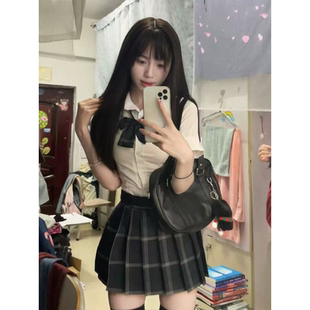 原创JK制服白色收腰短袖 衬衫 日系学院风百搭碳灰裙百褶短裙夏季 款