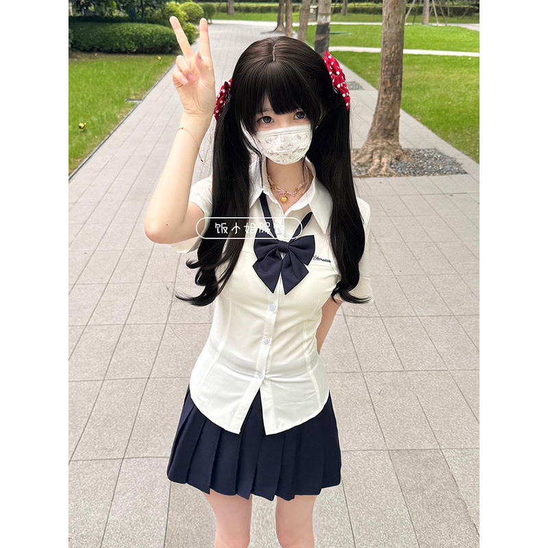 JK制服衬衫收腰小岛白色衬衣纯欲风夏季短袖上衣绀色裙搭配JK套装