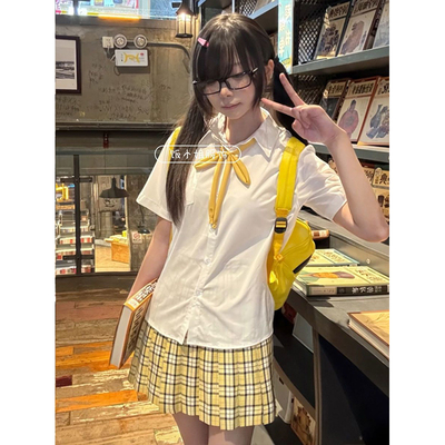 小杏中/原创JK制服衬衫夏季学院风宽松短袖衬衣格裙短裙百搭套装