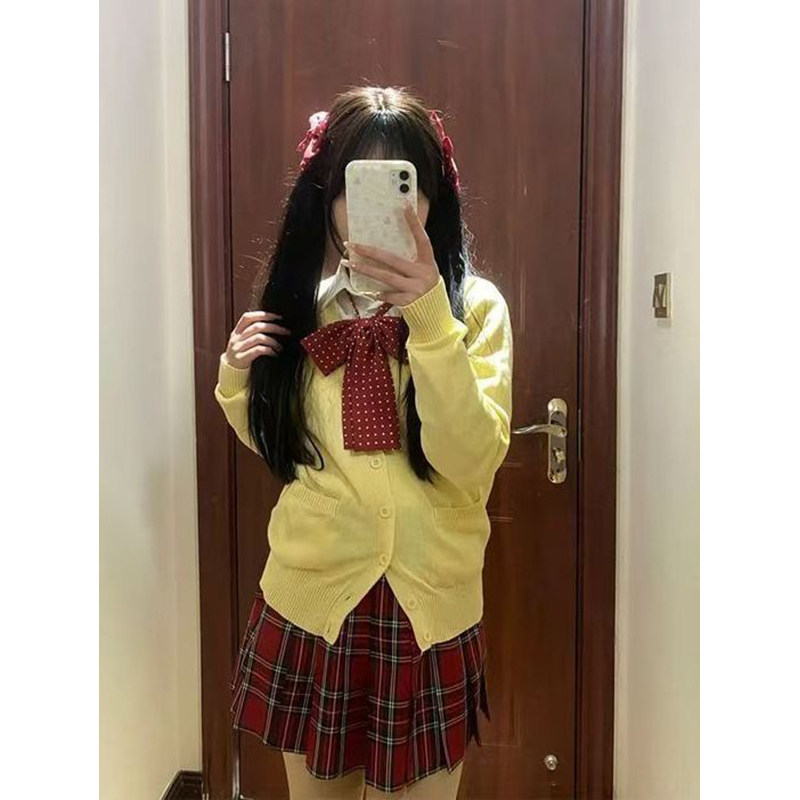 原创日系jk制服黄色针织开衫长袖jk格裙针织衫毛衣百褶裙套装,女装/女士精品,时尚套装,淘宝优惠券,粉丝福利购,淘宝优惠卷