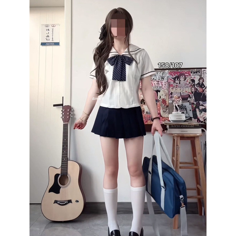 夏季基础学院原创日系校供短款水手服jk制服短袖刺绣上衣短裙套装