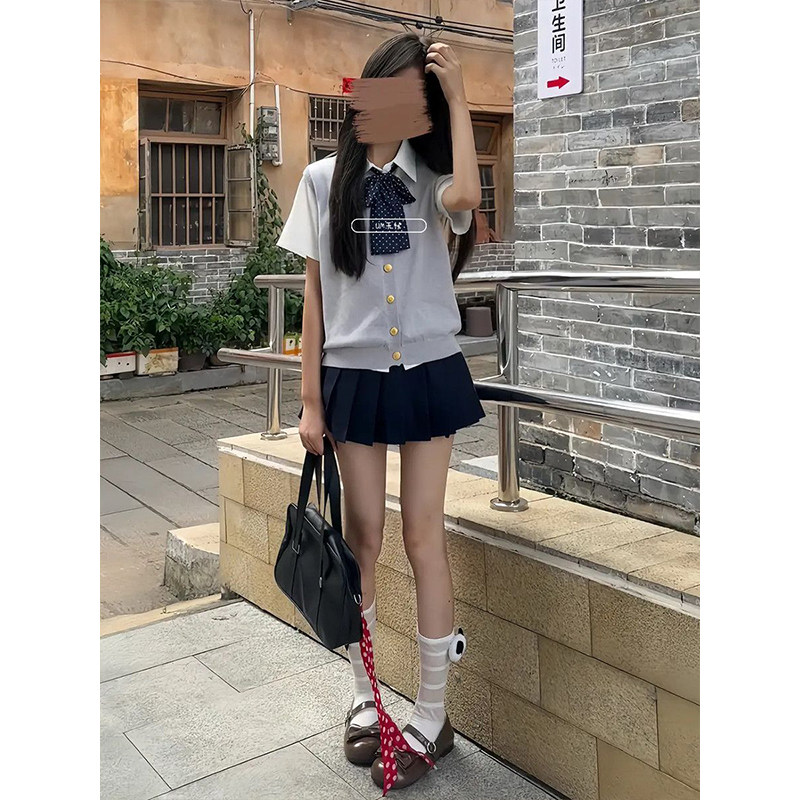 日系原创jk针织衫制服薄款开衫背心马甲短袖软妹衬衫绀色短裙套装图片