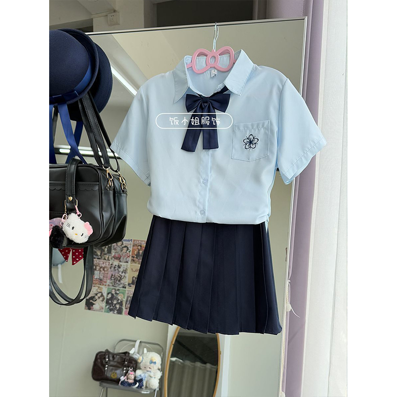 学院风JK制服衬衫白色樱花刺绣衬衣基础款班服短袖上衣短裙一整套