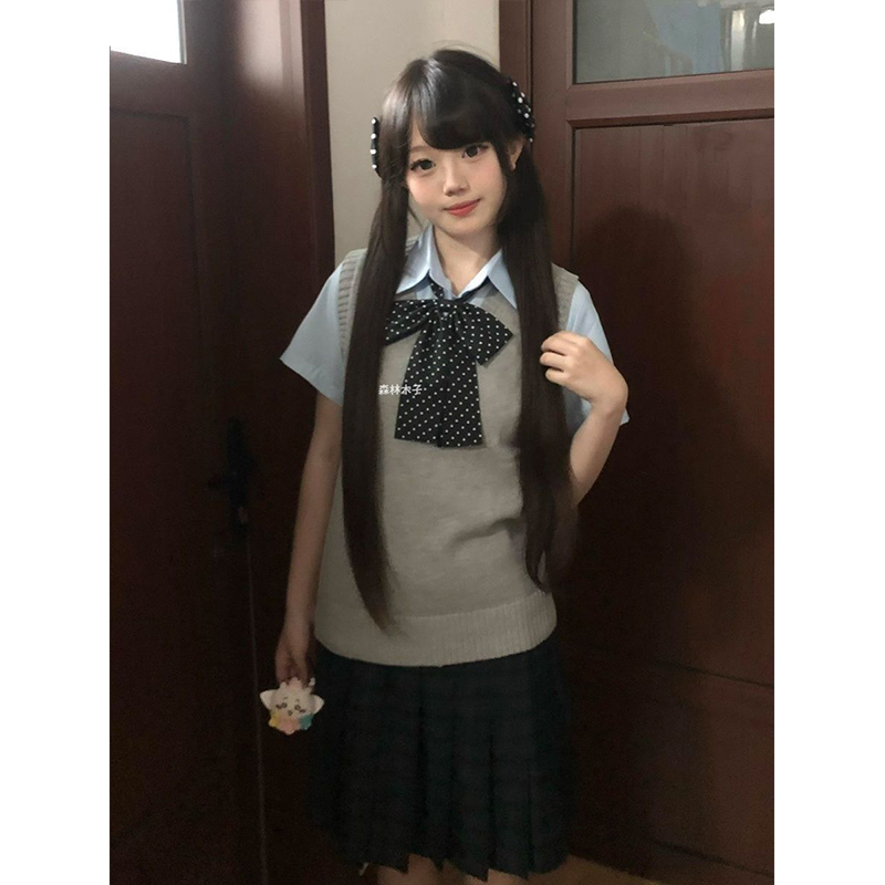 原创JK制服马甲背心毛衣夏季短袖衬衫校供感海苔格裙短裙套装衬衣