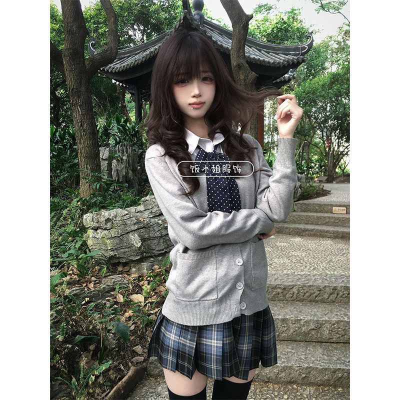 日系JK制服原创针织开衫毛衣学院风百搭基础衬衫叠穿正版格裙套装