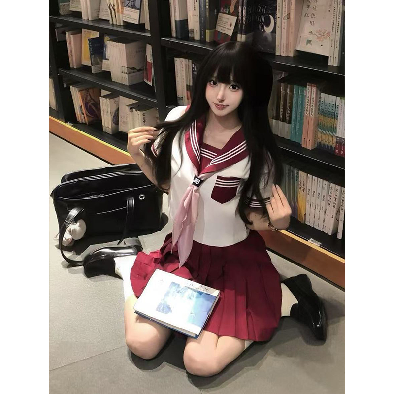 jk制服套装红三本长短袖衬衫中间服学院风穿搭百搭红JK裙2025夏款