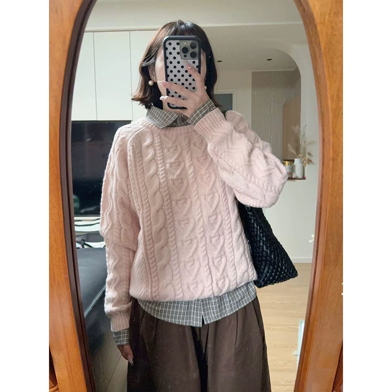 韩系甜美粉色麻花圆领毛衣女秋冬季2025新款学院风宽松针织衫上衣