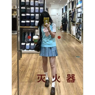 JK制服原创日系学院风针织衫 刺绣V领马甲百搭新款 松蓝格裙夏季 款