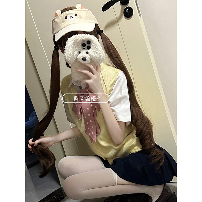 JK制服V领黄色针织衫背心马甲叠穿衬衫上衣绀JK短裙校供感一整套
