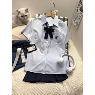 刺绣衬衫 基础款 原创日系夏季 短袖 百搭学院衬衫 蓝色JK制服格裙套装