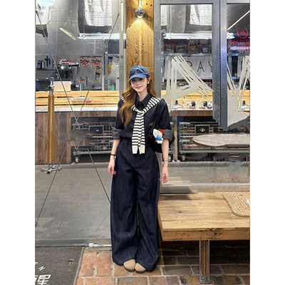 牛仔套装复古新款韩系长袖衬衫披肩条纹高腰薄款阔腿长裤时尚穿搭