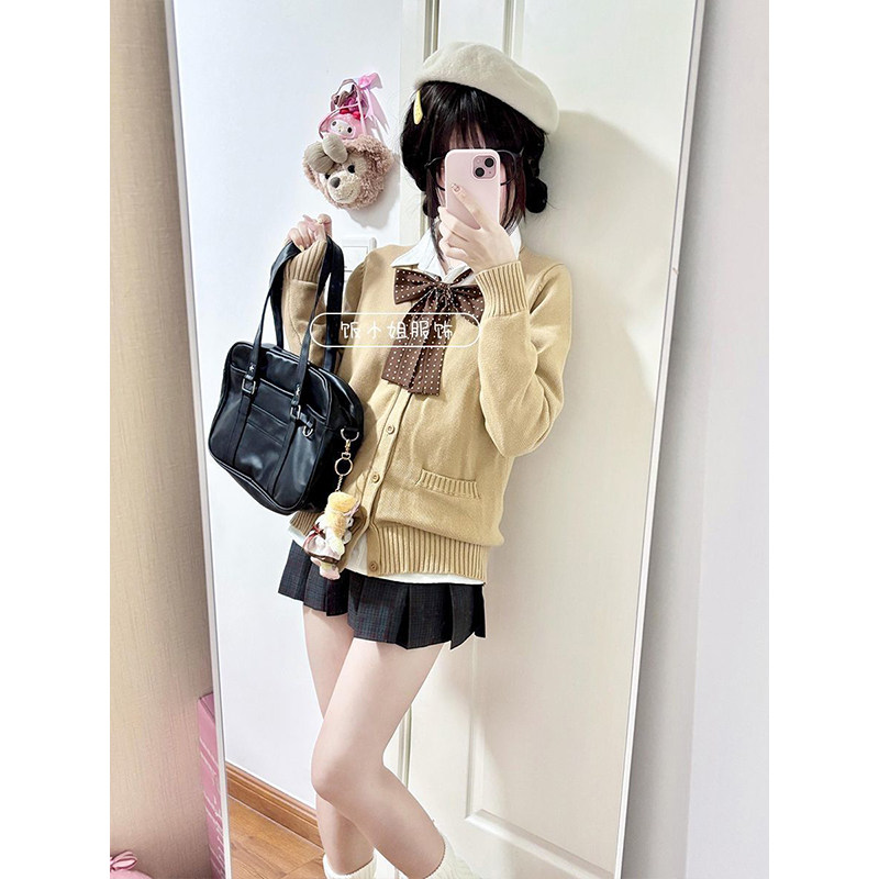 焦糖可颂/秋冬JK制服日系驼色开衫毛衣叠穿原创棕格百褶裙套装女