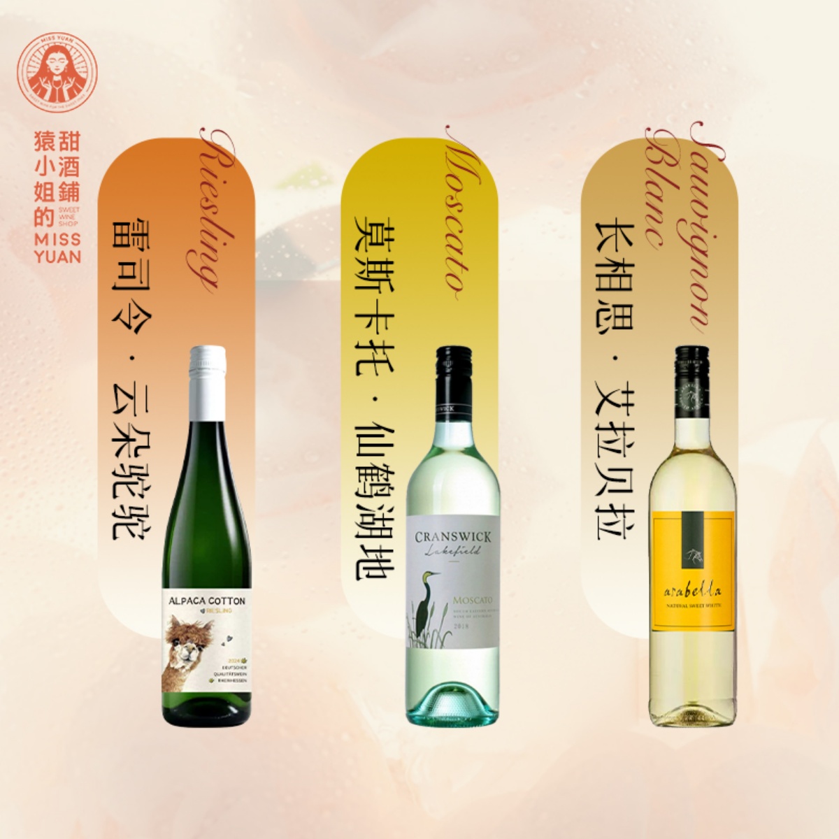 小甜水3支装 德国雷司令半甜白 长相思 莫斯卡托甜白起泡葡萄酒