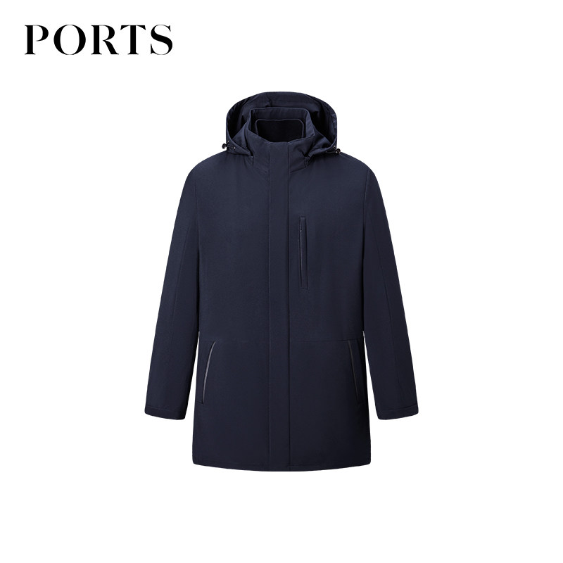 PORTS宝姿男装秋冬皮草内胆连帽门禁拉链中长夹克MN9F020QZP031