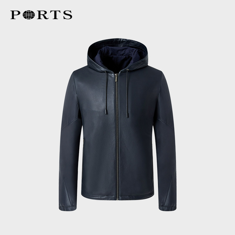 宝姿PORTS男装秋冬新款真皮连帽商务皮衣时尚夹克ML9U002LZD019