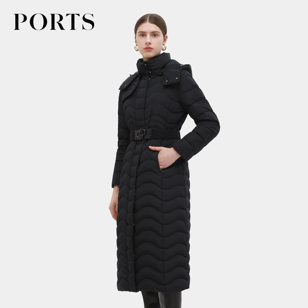 PORTS宝姿2023秋冬优雅纯色带帽束腰白鹅绒羽绒服女LL9U078LZP032