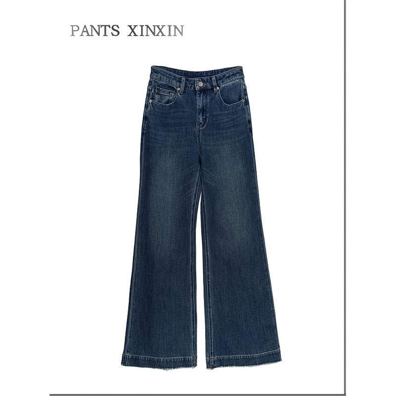 2025年冬季加绒显瘦四面弹力毛边宽边牛仔微喇筒裤长裤女Q2467789