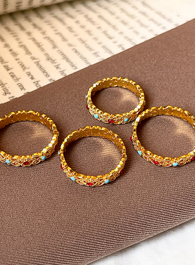 沙金珐琅彩花丝戒指女轻奢高级感2025新款爆款小众设计开口食指戒