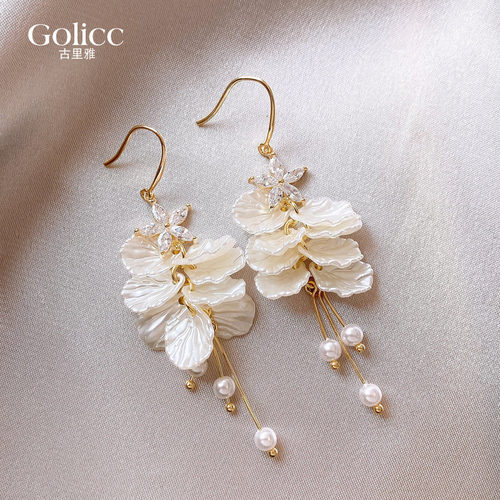 金色满钻花朵珍珠贝壳流苏耳环