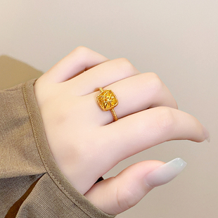 金色拉丝方糖沙金戒指女2025新款爆款轻奢高级感指环设计小众尾戒