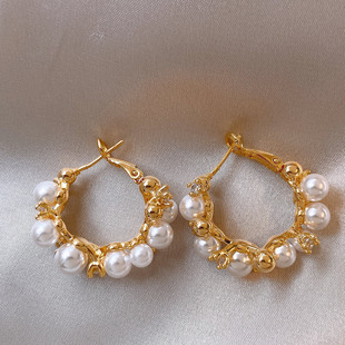 金色珍珠锆石大圈圈耳环女高级感耳钉新年耳饰适合圆脸的耳圈夸张