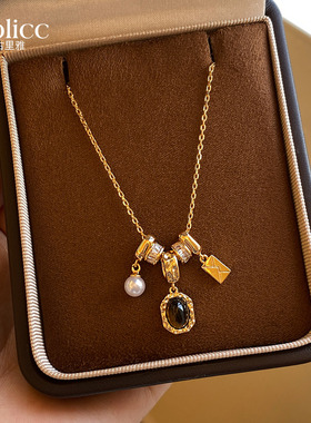 金色锆石圆环虎眼石珍珠吊坠项链