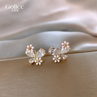 925纯银针锆石蝴蝶耳钉女滴釉花朵耳环睡觉免摘除耳饰设计感小众