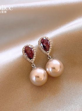 紫色水滴锆石珍珠耳坠耳环女轻奢高级感耳钉独特漂亮耳饰2026超火