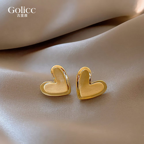 925纯银针立体金色爱心耳钉