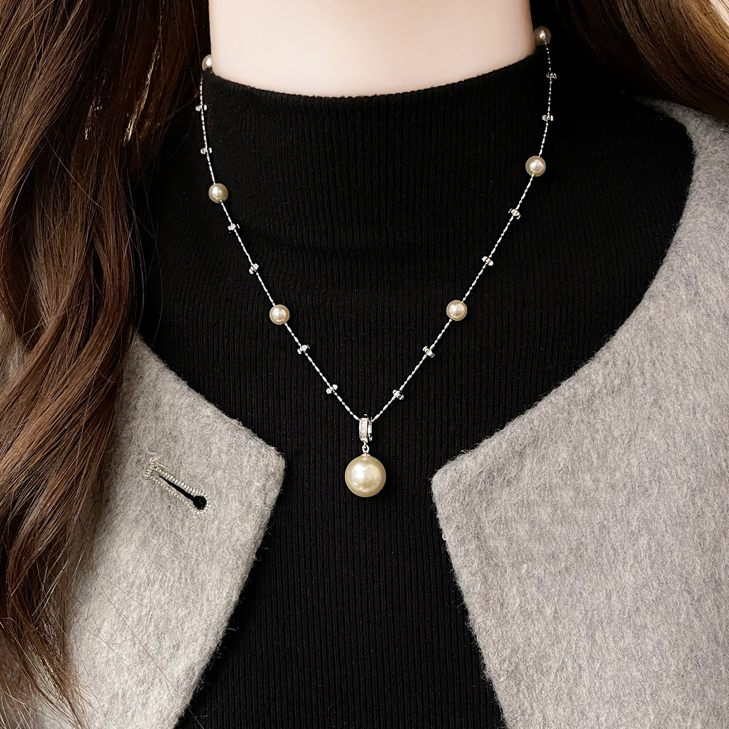 银色满天星大小珍珠毛衣项链轻奢