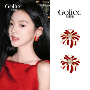 章若楠同款红色锆石烟花耳环女轻奢高级感气质大气耳钉过新年耳饰