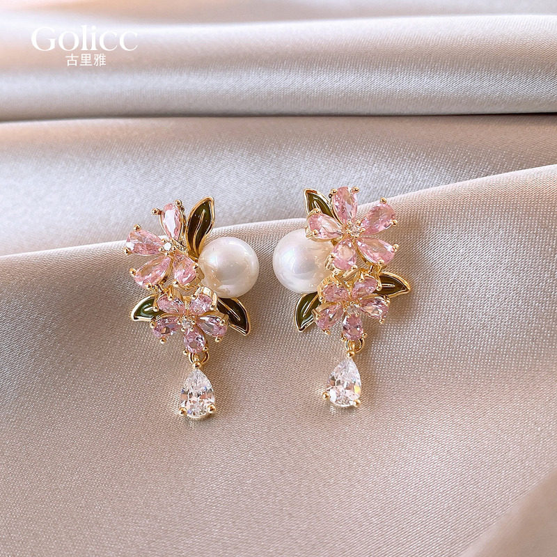 粉色满钻花朵珍珠耳坠耳环女巨好看独特漂亮耳钉气质耳饰2026新款